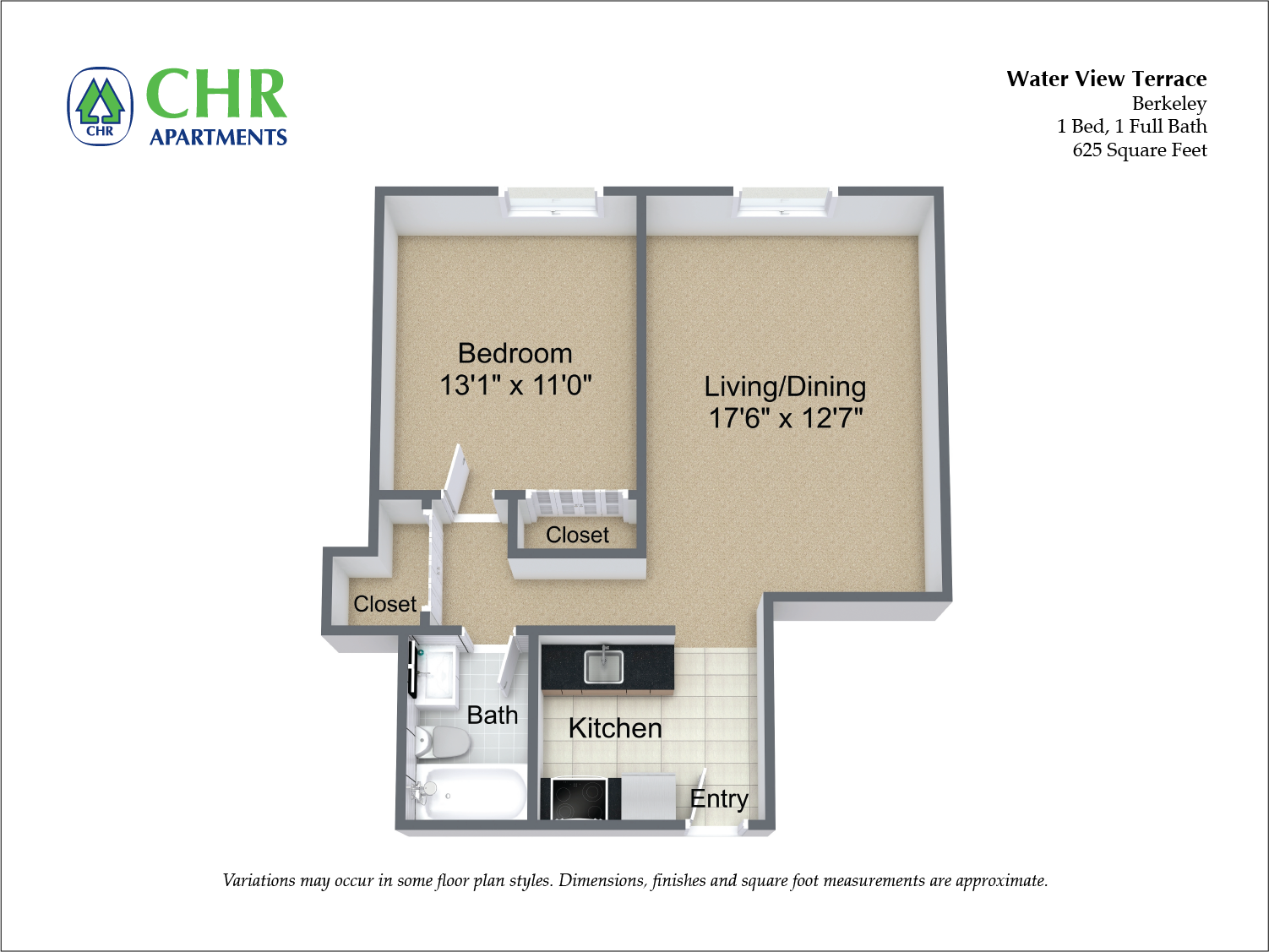 Floor plan for 1 bed, 1 bath, 625 sqft